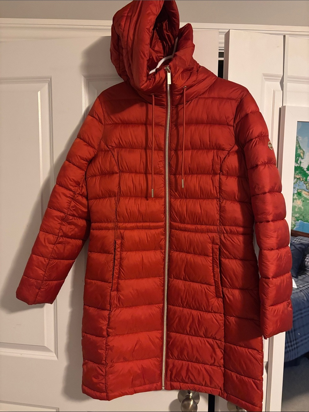 Michael Kors Orange Hooded Long Packable Puffer Coat